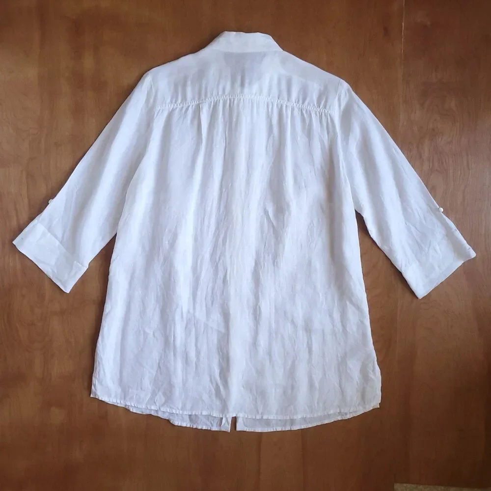 100% Linen White Button Up Tunic Shirt Womens L Minimalist Lagenlook 3/4 Sleeve